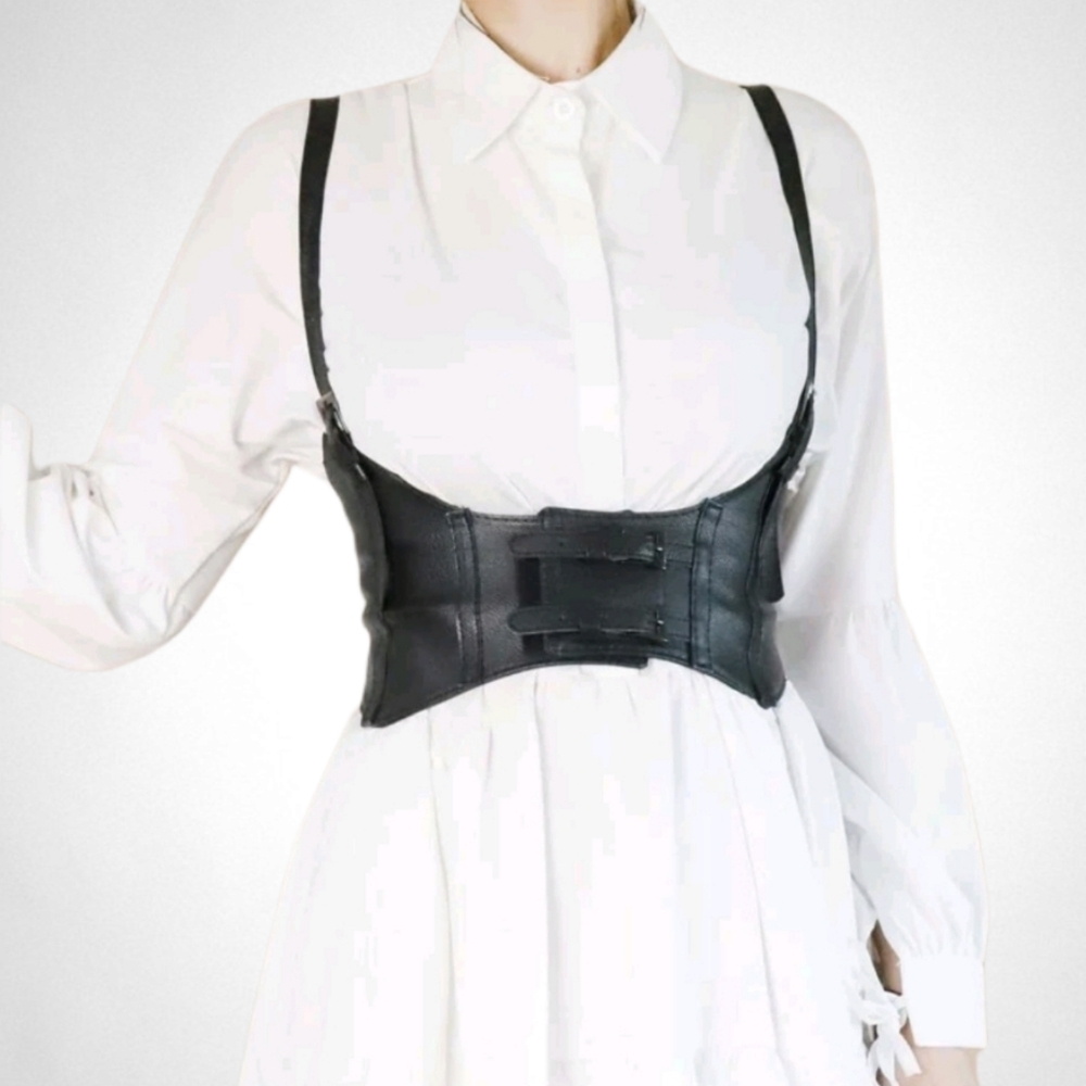 Womens Corset black vegan leather harness buckle suspenders steampunk waist belt - Picture 4 of 17